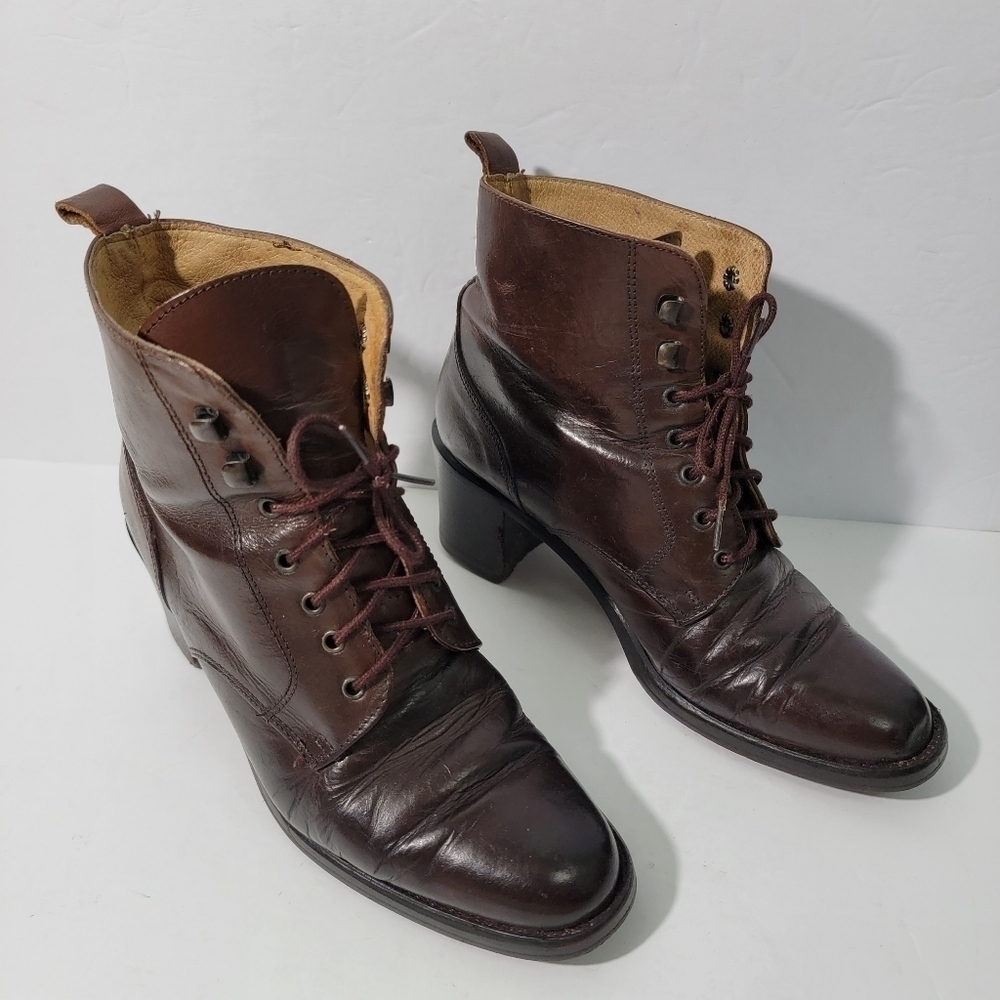 VTG ALDO Y2K Women Brown Leather Lace-Up Booties Sz 37 Made In Italy Block Heel